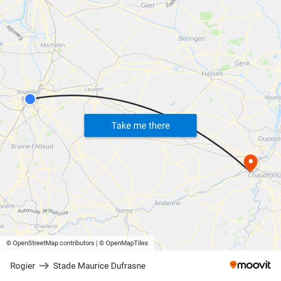 Rogier to Stade Maurice Dufrasne map