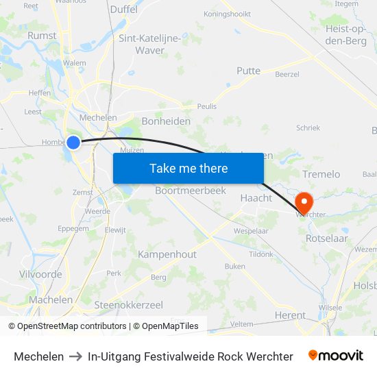 Mechelen to In-Uitgang Festivalweide Rock Werchter map