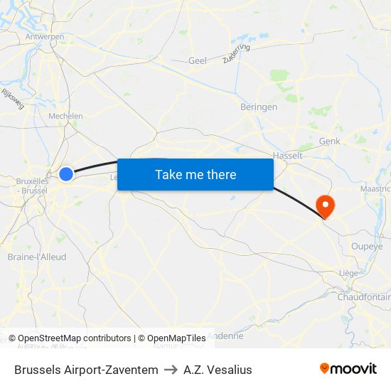 Brussels Airport-Zaventem to A.Z. Vesalius map