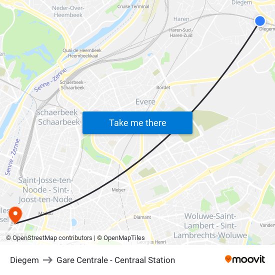 Diegem to Gare Centrale - Centraal Station map