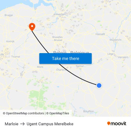 Marloie to Ugent Campus Merelbeke map