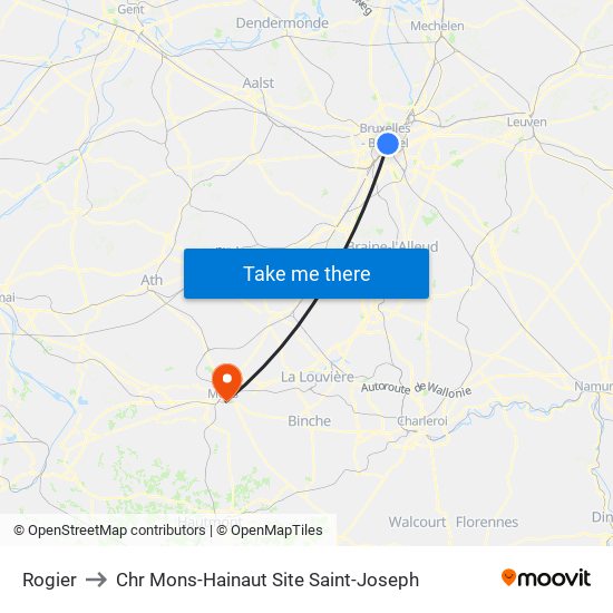 Rogier to Chr Mons-Hainaut Site Saint-Joseph map