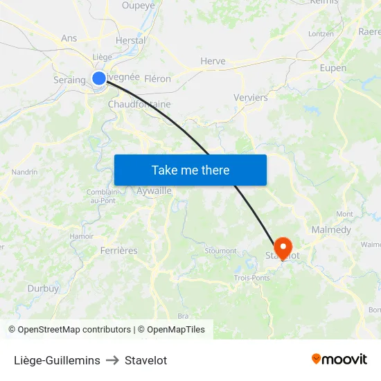 Liège-Guillemins to Stavelot map