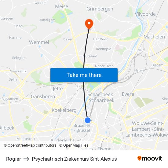 Rogier to Psychiatrisch Ziekenhuis Sint-Alexius map