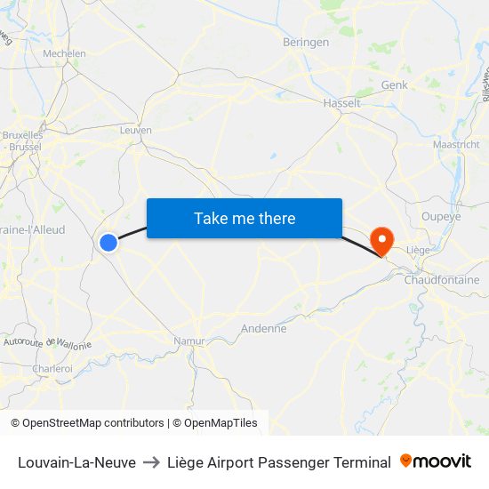 Louvain-La-Neuve to Liège Airport Passenger Terminal map