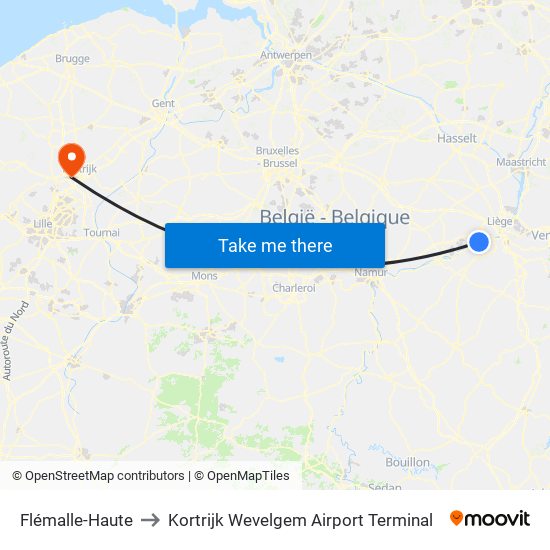 Flémalle-Haute to Kortrijk Wevelgem Airport Terminal map