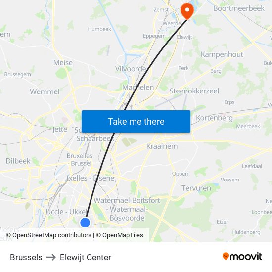Brussels to Elewijt Center map