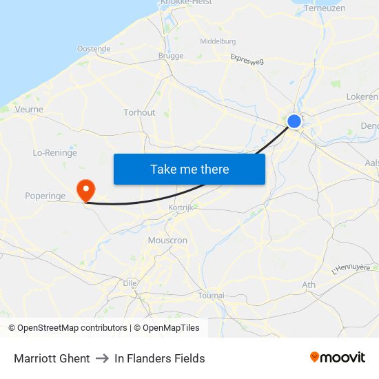 Marriott Ghent to In Flanders Fields map