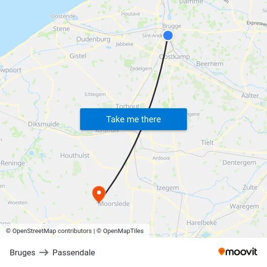 Bruges to Passendale map
