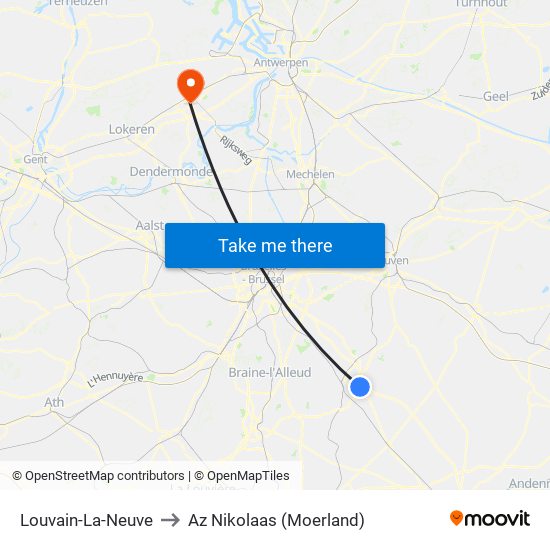 Louvain-La-Neuve to Az Nikolaas (Moerland) map
