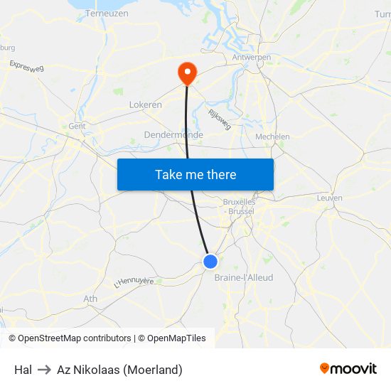 Hal to Az Nikolaas (Moerland) map