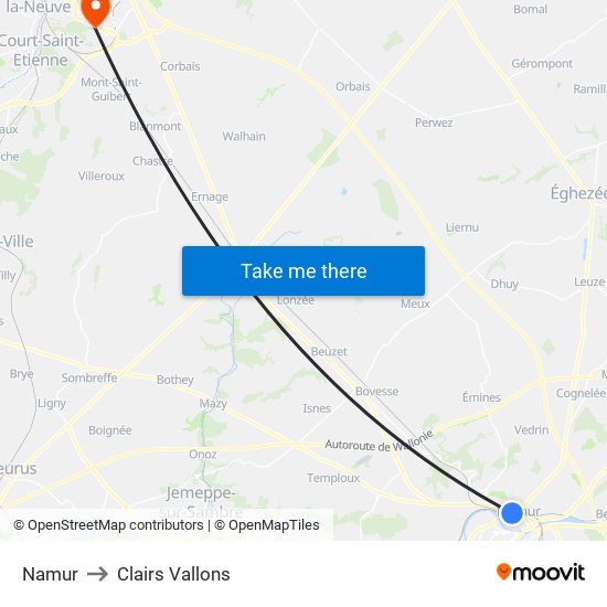 Namur to Clairs Vallons map