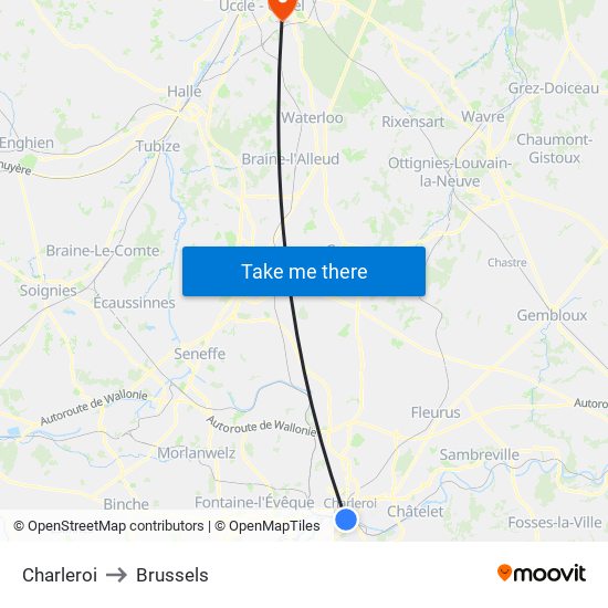 Charleroi to Brussels map