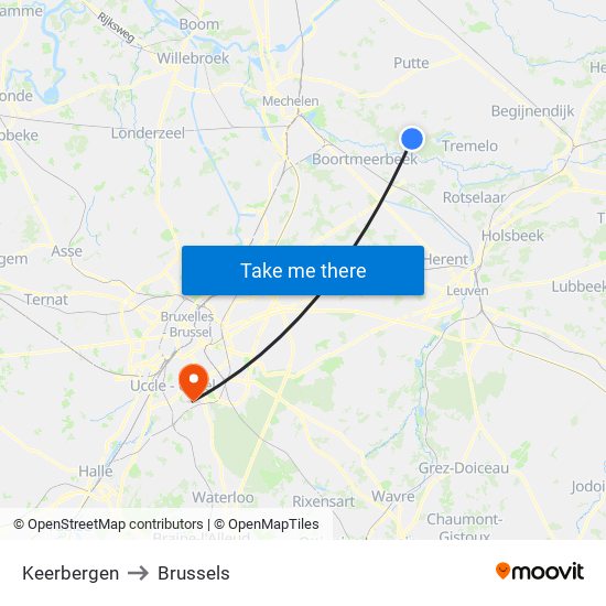 Keerbergen to Brussels map