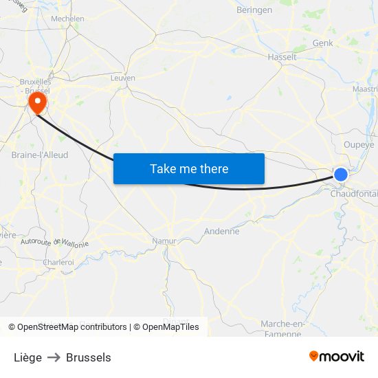 Liège to Brussels map