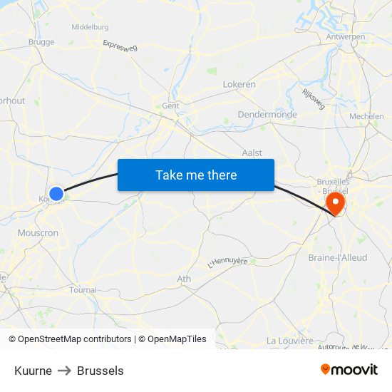 Kuurne to Brussels map