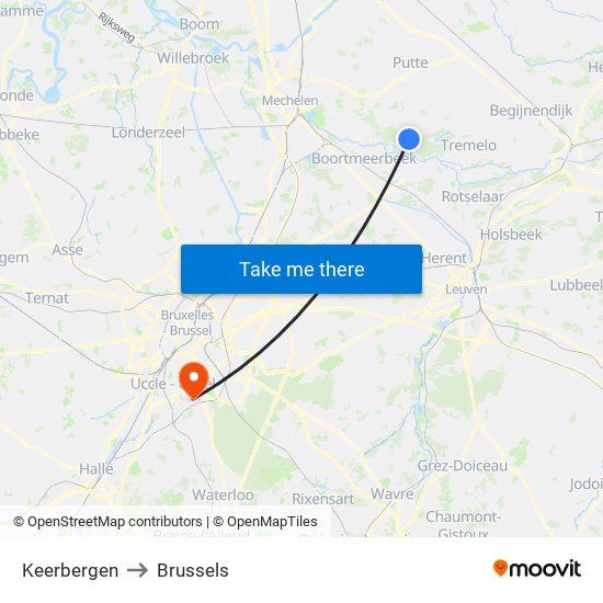 Keerbergen to Brussels map