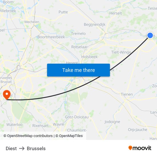 Diest to Brussels map