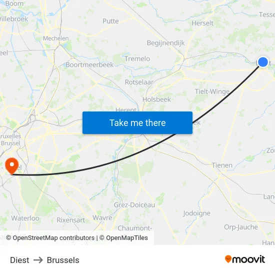 Diest to Brussels map