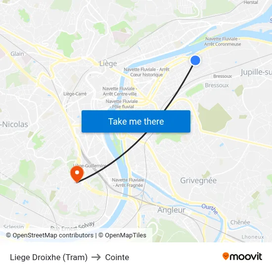 Liege Droixhe (Tram) to Cointe map