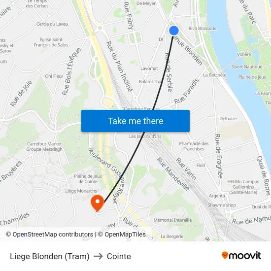Liege Blonden (Tram) to Cointe map