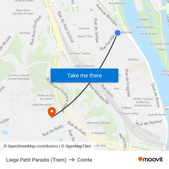 Liege Petit Paradis (Tram) to Cointe map