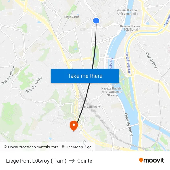 Liege Pont D'Avroy (Tram) to Cointe map