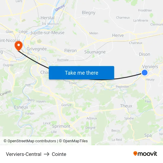 Verviers-Central to Cointe map