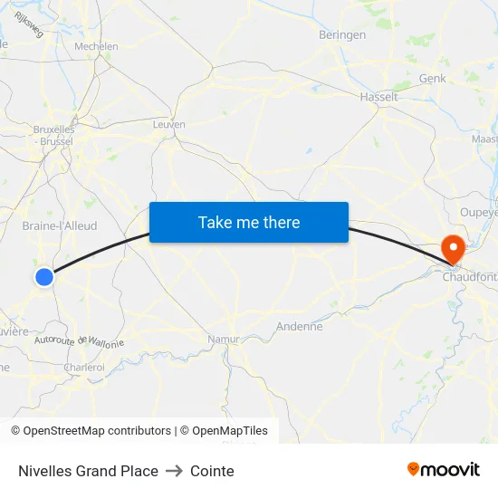 Nivelles Grand Place to Cointe map