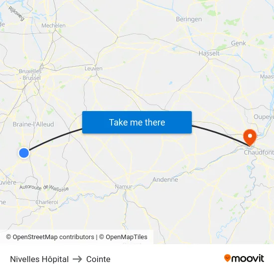 Nivelles Hôpital to Cointe map