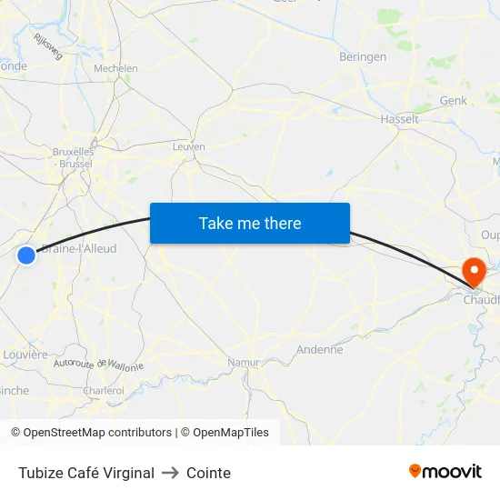 Tubize Café Virginal to Cointe map