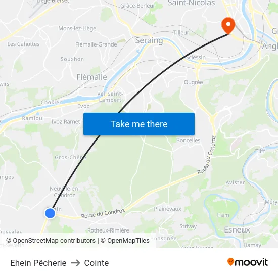 Ehein Pêcherie to Cointe map