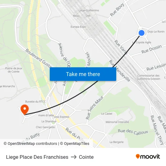 Liege Place Des Franchises to Cointe map