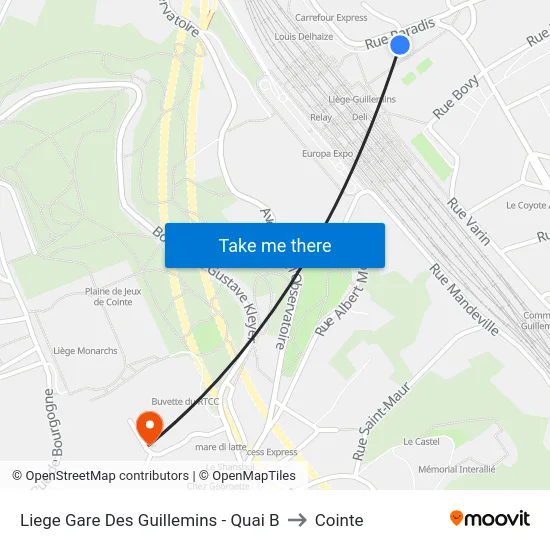 Liege Gare Des Guillemins - Quai B to Cointe map