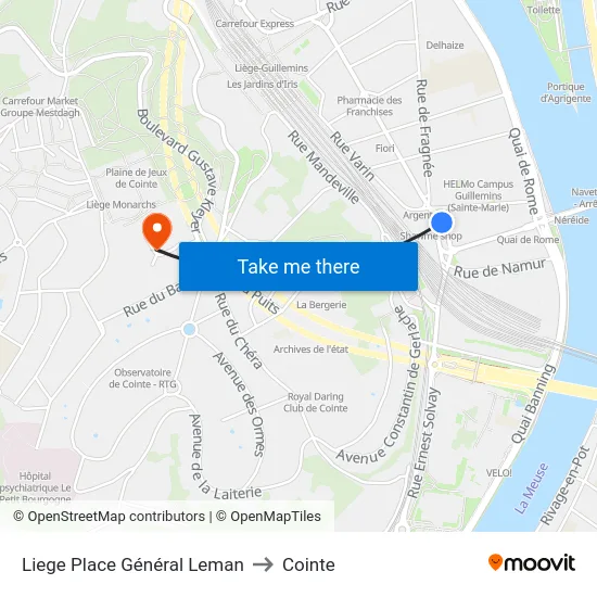 Liege Place Général Leman to Cointe map