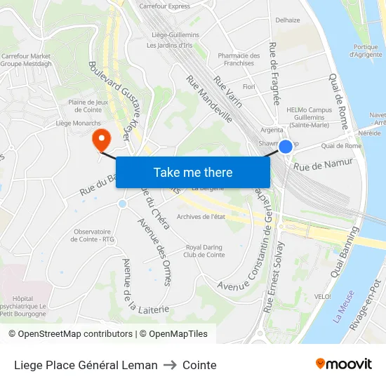 Liege General Leman Square to Cointe map
