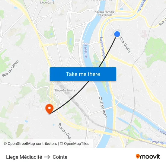 Liege Médiacité to Cointe map