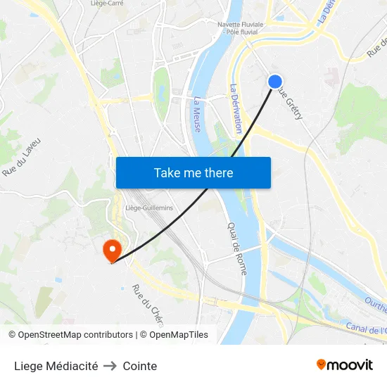Liege Médiacité to Cointe map