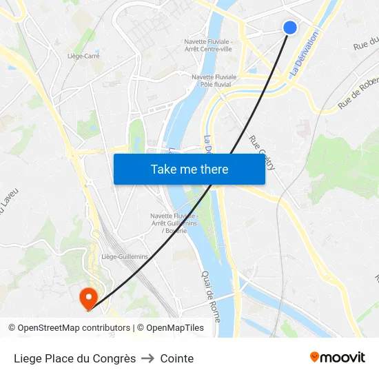 Liege Place du Congrès to Cointe map