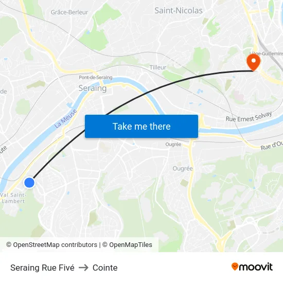 Seraing Rue Fivé to Cointe map