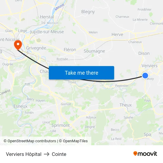 Verviers Hôpital to Cointe map