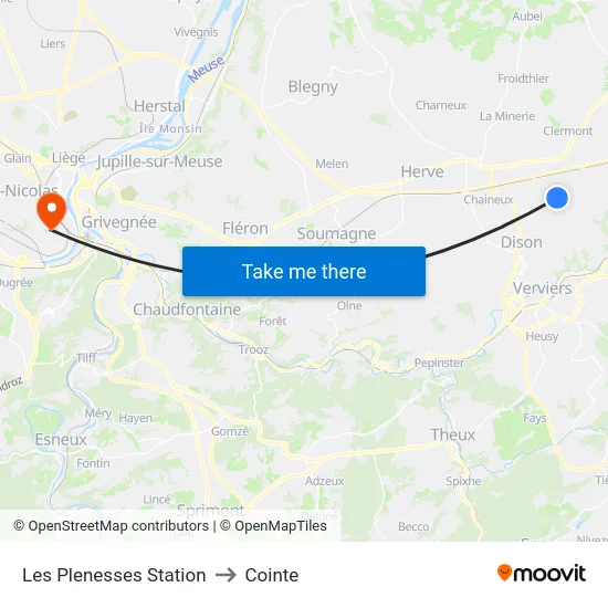 Les Plenesses Station to Cointe map