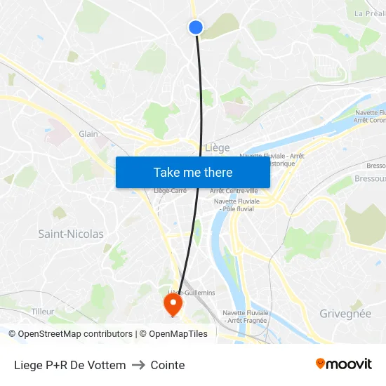 Liege P+R De Vottem to Cointe map