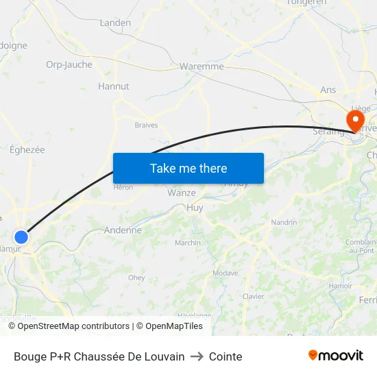Bouge P+R Chaussée De Louvain to Cointe map