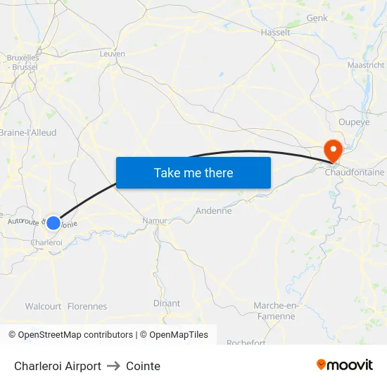 Charleroi Airport to Cointe map
