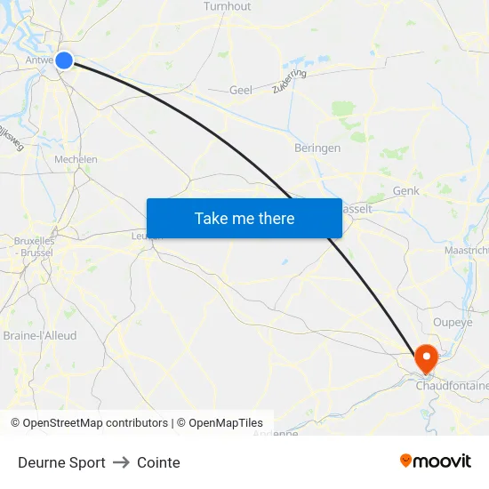 Deurne Sport to Cointe map