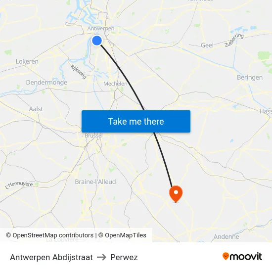 Antwerp Abbey Street to Perwez map