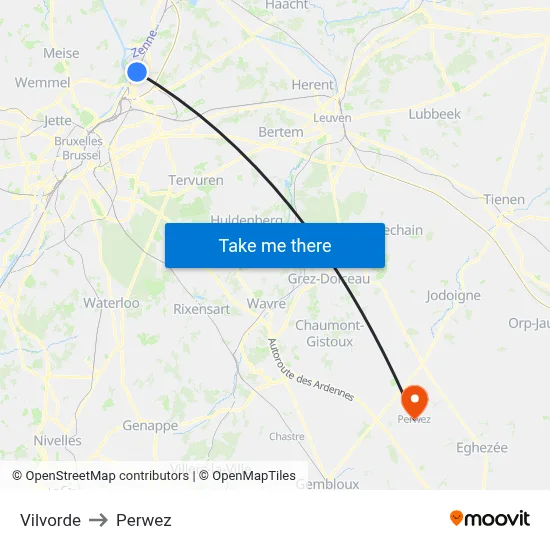 Vilvoorde to Perwez map