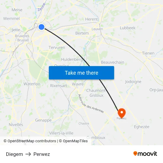 Diegem to Perwez map
