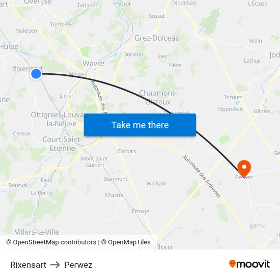 Rixensart to Perwez map